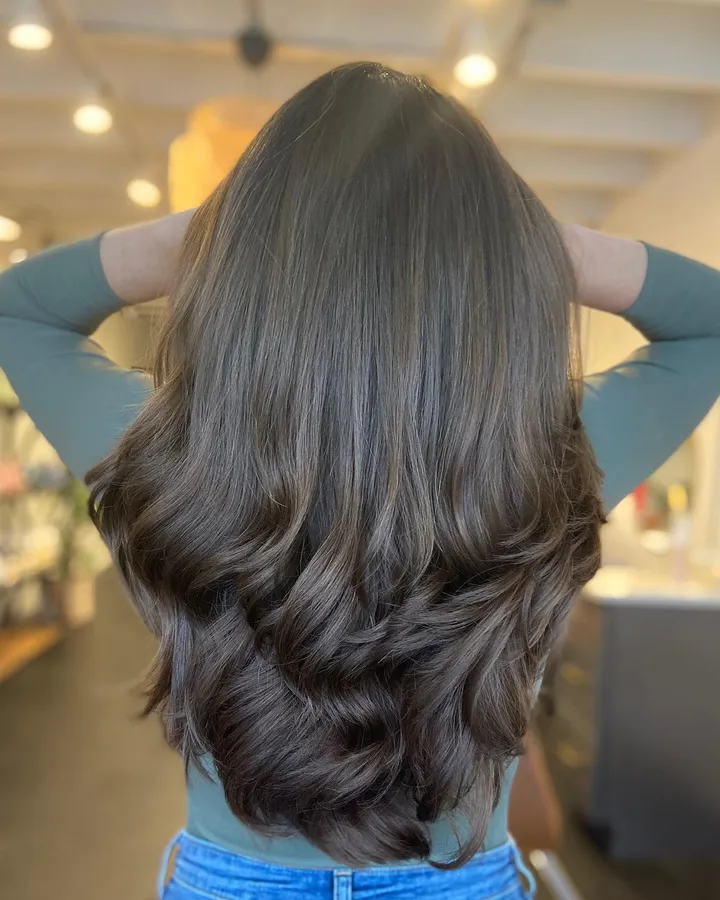 Dark brunette layers with a bouncy blowout